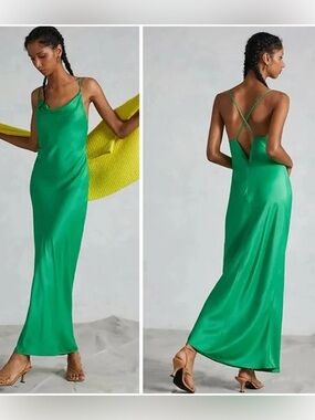 Anthropologie Emerald Green Satin Slip Dress with Strappy Back
